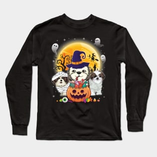 Shih Tzu Dog Mummy Witch Moon Ghosts Happy Halloween Thanksgiving Merry Christmas Day Long Sleeve T-Shirt